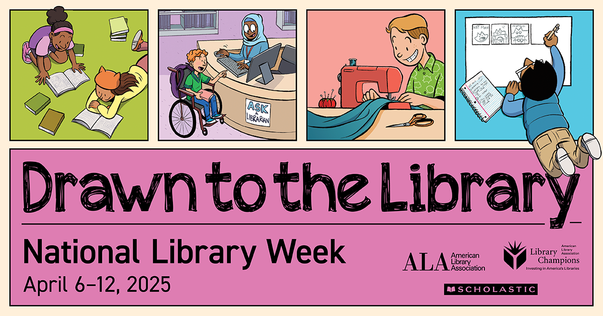 Drawn to the Library, National Library Week Apr. 6 - 12, 2025: showing people using the library